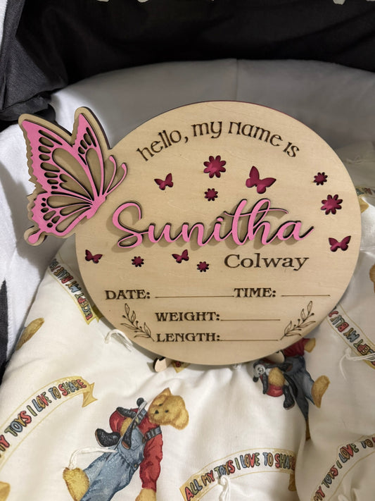 Custom Baby Birth Stat Sign – 3D Name & Butterfly, Includes Stand