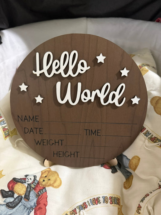 Hello World Baby Announcement Sign – Custom Colors & Display Stand