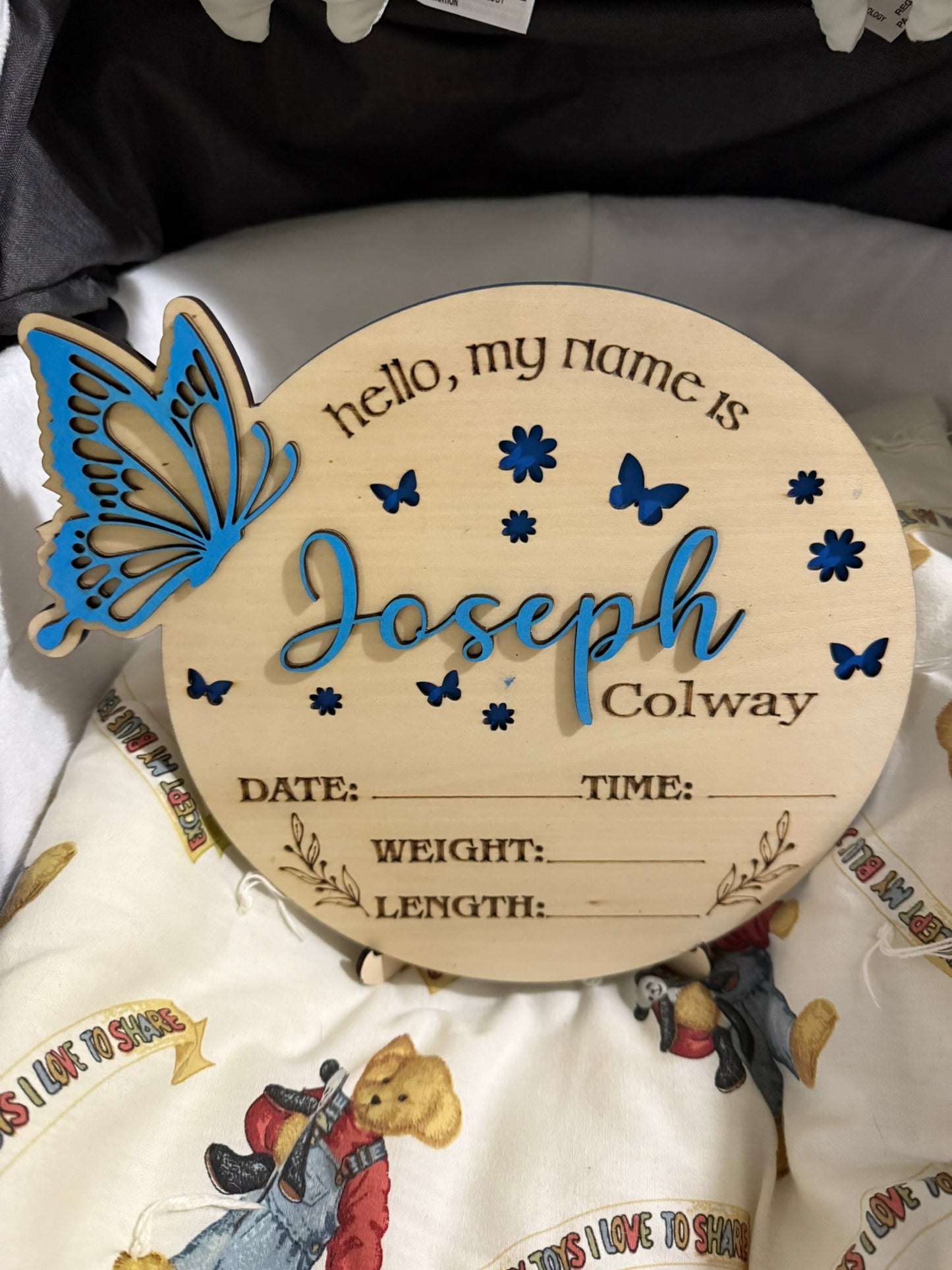 Custom Baby Birth Stat Sign – 3D Name & Butterfly, Includes Stand