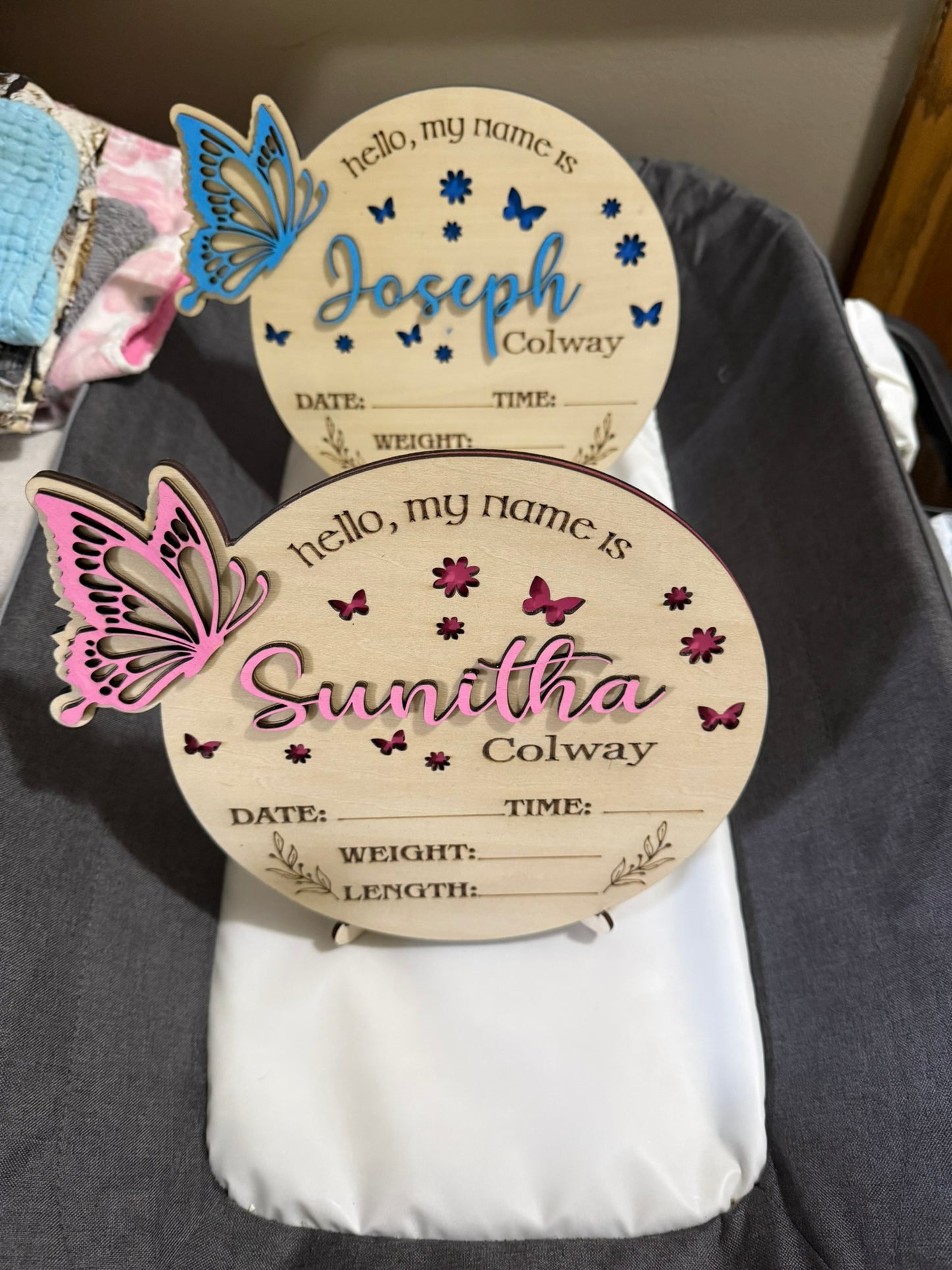 Custom Baby Birth Stat Sign – 3D Name & Butterfly, Includes Stand