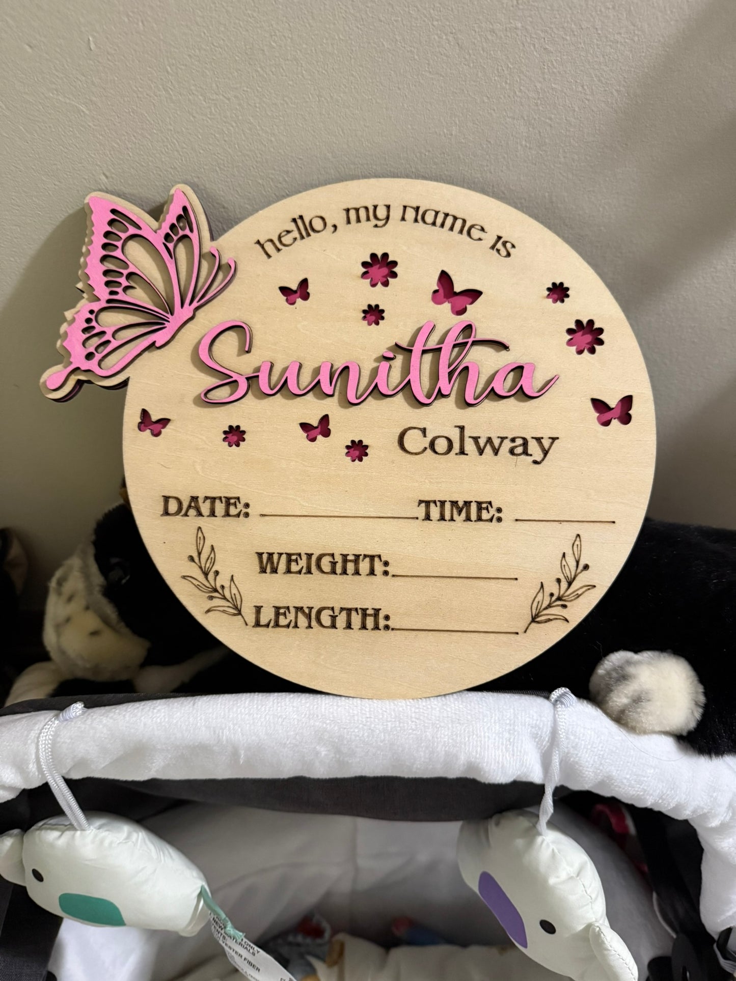 Custom Baby Birth Stat Sign – 3D Name & Butterfly, Includes Stand