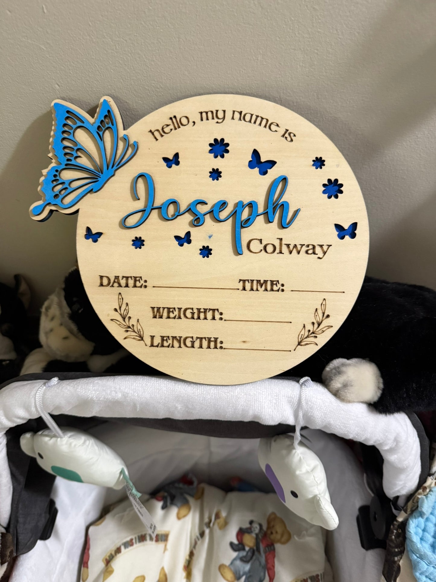 Custom Baby Birth Stat Sign – 3D Name & Butterfly, Includes Stand