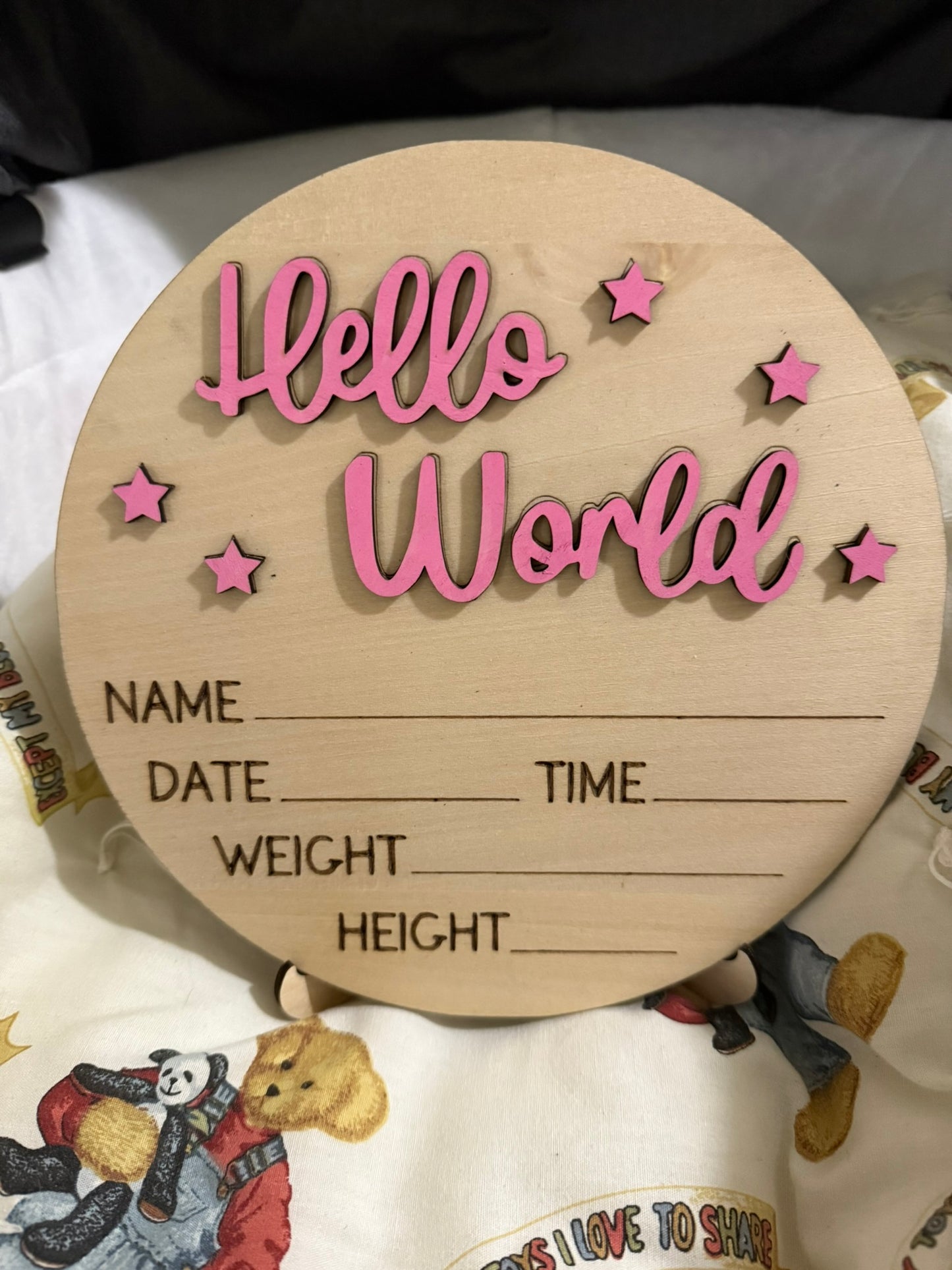 Hello World Baby Announcement Sign – Custom Colors & Display Stand
