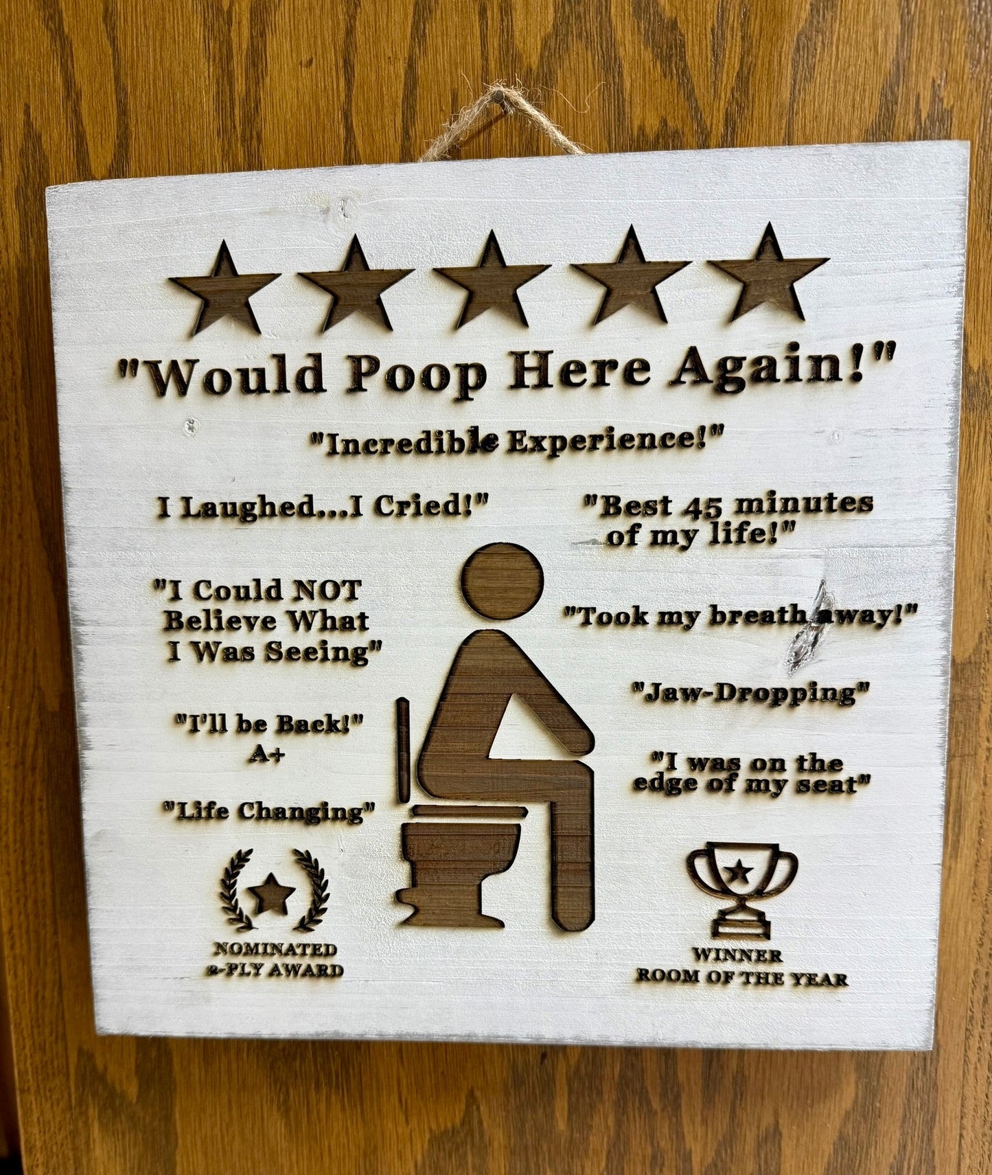 Funny Bathroom Sign – “Would Poop Here Again!” | Rustic Wood Décor