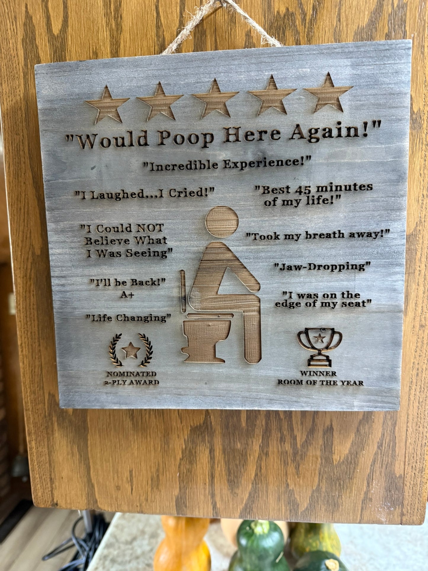 Funny Bathroom Sign – “Would Poop Here Again!” | Rustic Wood Décor