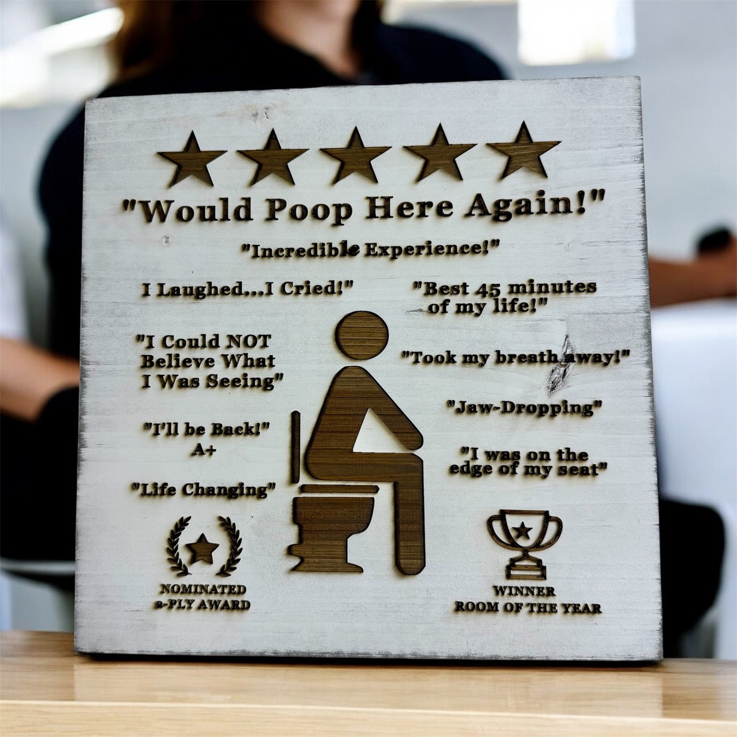 Funny Bathroom Sign – “Would Poop Here Again!” | Rustic Wood Décor